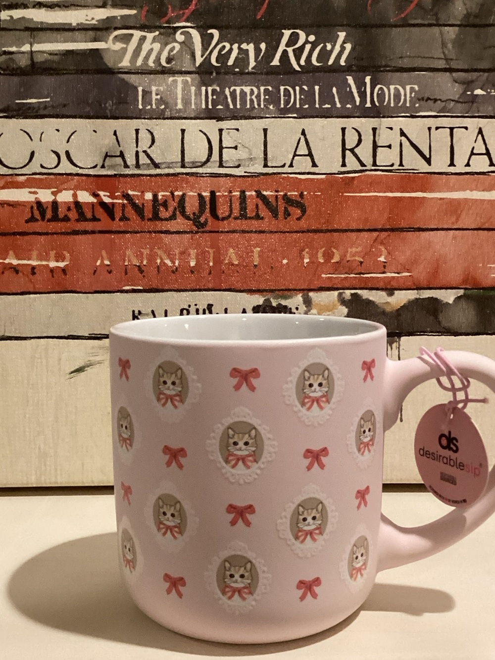 Pink Cat and Bow Pattern Soft Touch Coffee Mug